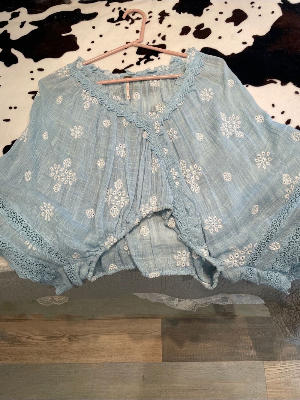 Free People Light Blue Embroidered Peasant Blouse